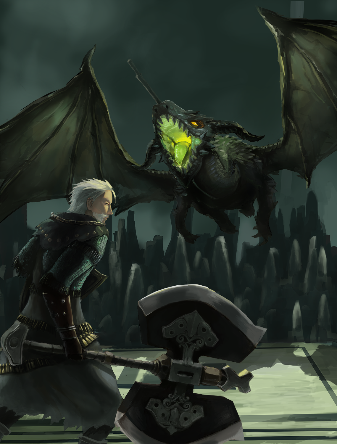 arqa, bearer of the curse, dark souls (series), dark souls ii, commentary request, highres, 1boy, armor, axe, battle axe, beard, brown gloves, cave interior, chainmail, cowboy shot, dragon, facial hair, flying, gloves, grey tunic, holding, holding axe, male focus, open mouth, running, short hair, sinh the slumbering dragon, solo, stalagmite, tunic, weapon, white hair