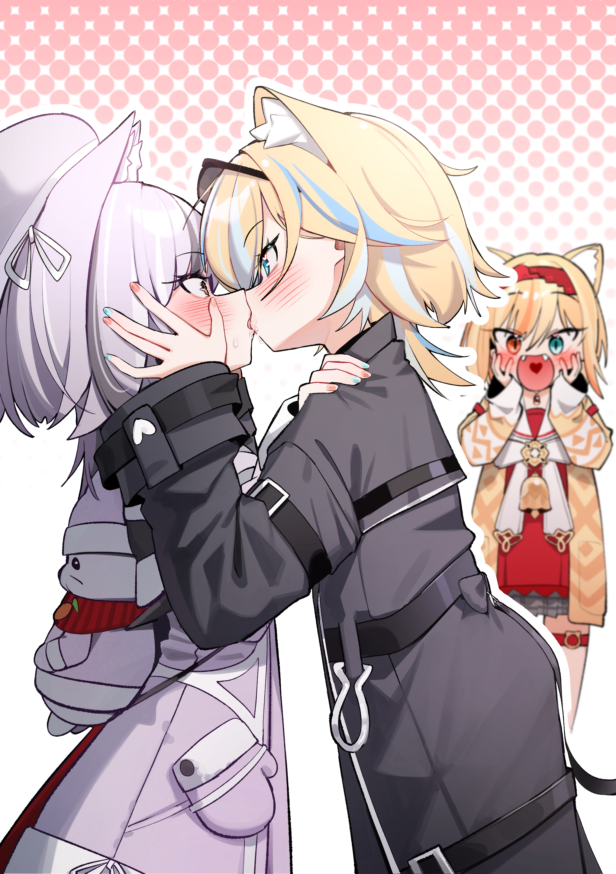 whonyang, irem (black survival), black survival, eternal return: black survival, absurdres, highres, 3girls, animal ear fluff, animal ears, black coat, blonde hair, blue eyes, blue hair, blue nails, blush, cat ears, coat, eye contact, eyewear on head, fangs, hair between eyes, hand on another's cheek, hand on another's face, hand on another's shoulder, hat, heterochromia, kiss, long sleeves, looking at another, multicolored hair, multiple girls, nail polish, open mouth, orange eyes, purple hair, short hair, streaked hair, yuri