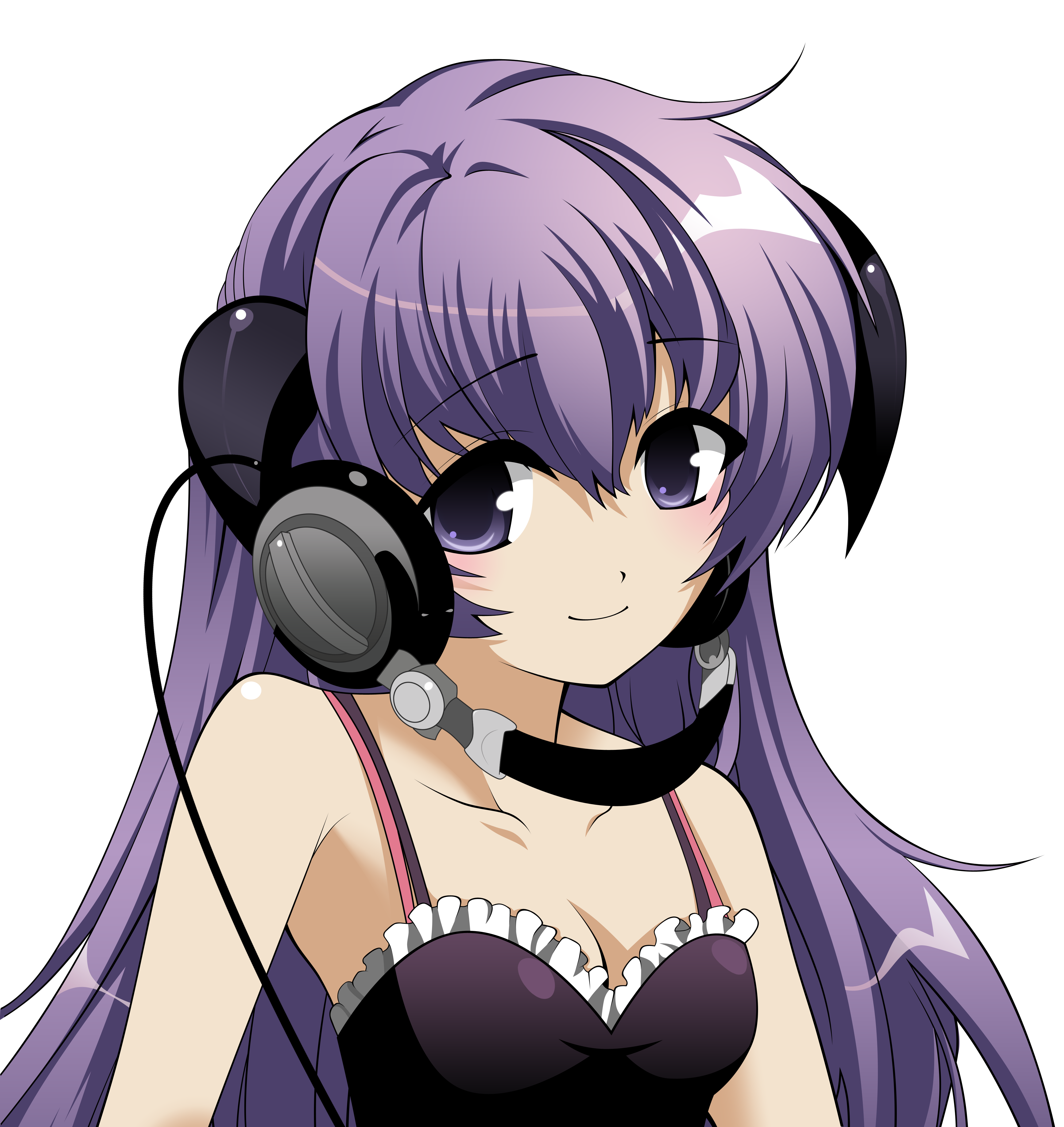 cutenotpedo, hanyuu, higurashi no naku koro ni, absurdres, bad deviantart id, bad id, derivative work, highres, vector trace, 00s, 1girl, female focus, headphones, horns, long hair, purple eyes, purple hair, solo, transparent background