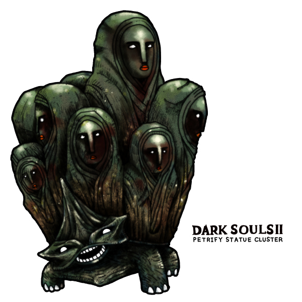 mayumo, dark souls (series), dark souls ii, commentary request, character name, copyright name, creature, looking at viewer, no humans, open mouth, simple background, statue, statue cluster, white background