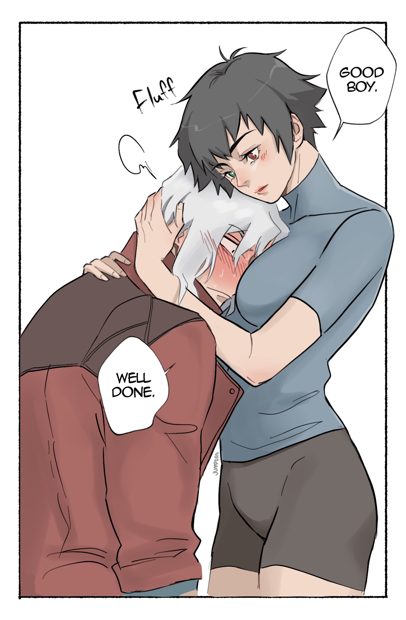 jumpoon, dante (devil may cry), lady (devil may cry), devil may cry (netflix), devil may cry (series), highres, 1boy, 1girl, bike shorts, black hair, blue shirt, blush, coat, green eyes, heterochromia, hug, red coat, red eyes, shirt, simple background, speech bubble, white background