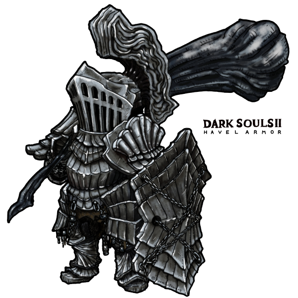 mayumo, bearer of the curse, havel the rock, dark souls (series), dark souls ii, commentary request, 1other, armor, breastplate, chibi, chibi only, club (weapon), copyright name, cosplay, faulds, full body, havel the rock (cosplay), helm, helmet, holding, holding club, holding shield, holding weapon, shield, simple background, solo, standing, visor (armor), weapon, white background