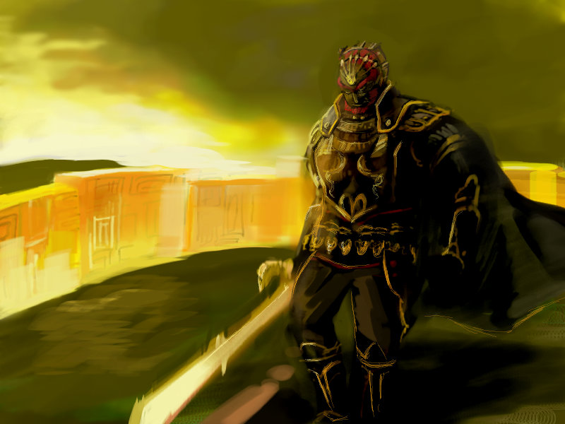 ganondorf, nintendo, the legend of zelda, armor, cape, male focus, red hair, solo, sword, weapon