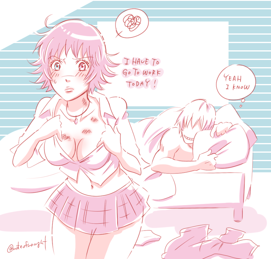 allie (united f), dante (devil may cry), lady (devil may cry), devil may cry, devil may cry (series), devil may cry 3, 1boy, 1girl, artist name, bed, black hair, blush, breasts, cleavage, green eyes, heterochromia, midriff, on bed, pillow, red eyes, scar, scar on face, shirt, skirt, smirk, white hair