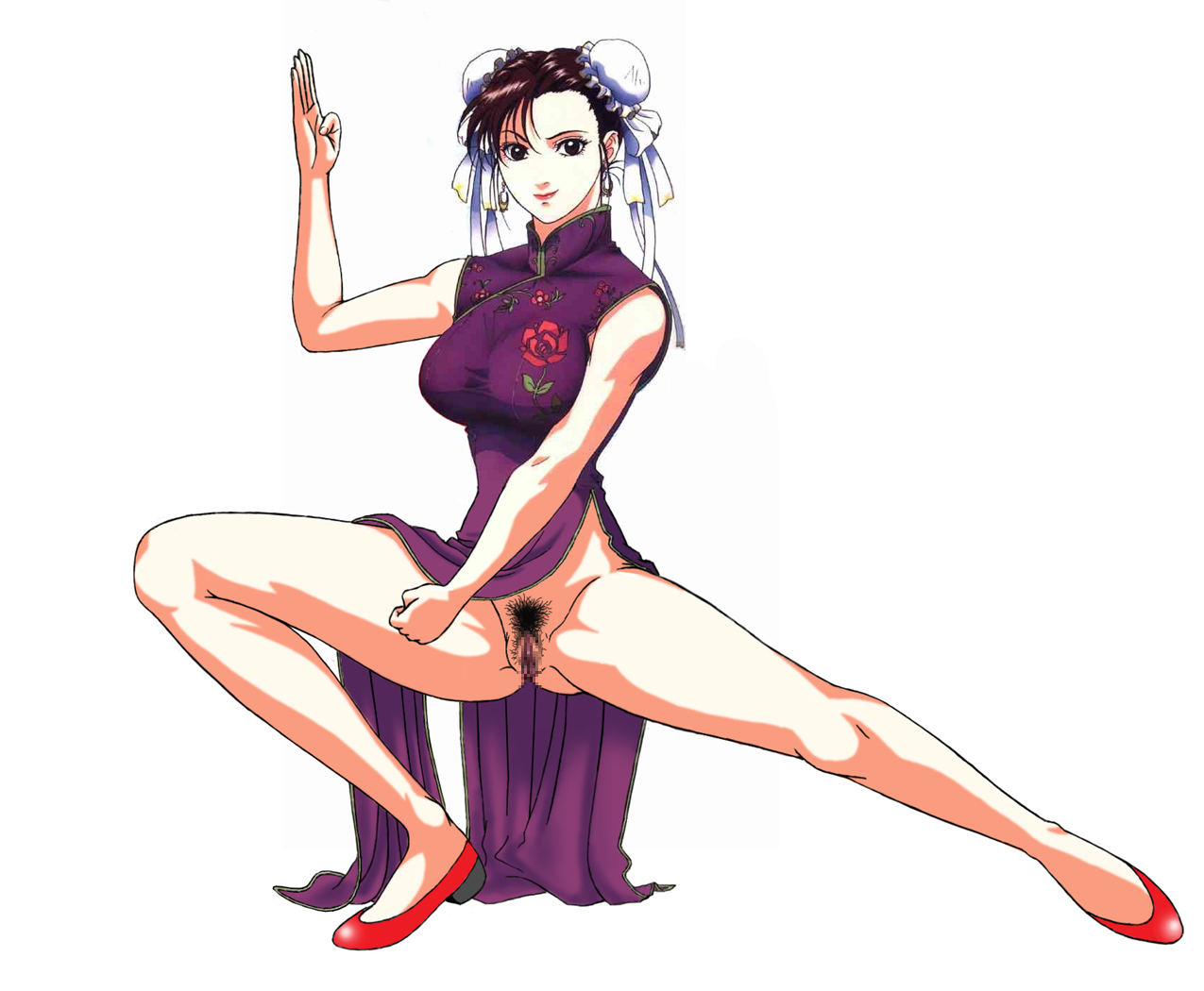 chun-li, capcom, street fighter, 1girl, breasts, brown eyes, brown hair, bun cover, censored, china dress, chinese clothes, double bun, dress, earrings, female focus, female pubic hair, fighting stance, flower, hair bun, high heels, japanese clothes, jewelry, large breasts, legs, pubic hair, pussy, rose, shoes, smile, solo