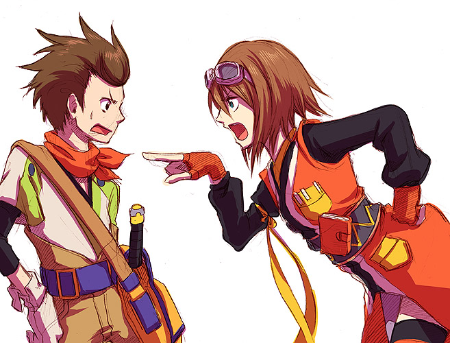 karol capel, rita mordio, tales of (series), tales of vesperia, 00s, 1boy, 1girl, angry, bag, breast pocket, brown hair, fingerless gloves, gloves, goggles, goggles on head, green eyes, hand on own hip, leaning forward, pocket, pointing, ribbon, scarf, scolding, short hair, shoulder bag, simple background, sweatdrop, thighhighs, white background
