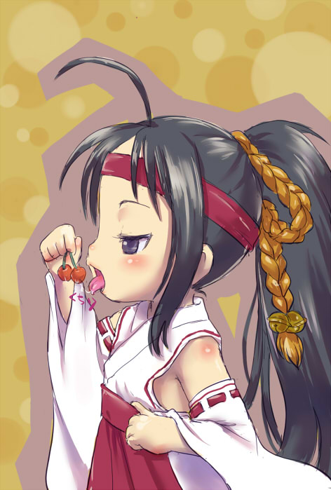 amatsuka mizuki, baby princess, 10s, 1girl, ahoge, bell, black eyes, black hair, blush, cherry, detached sleeves, female focus, food, fruit, hair ornament, hakama, hakama skirt, headband, japanese clothes, licking, long hair, miko, ponytail, profile, red hakama, rope, skirt, solo, tongue, tongue out