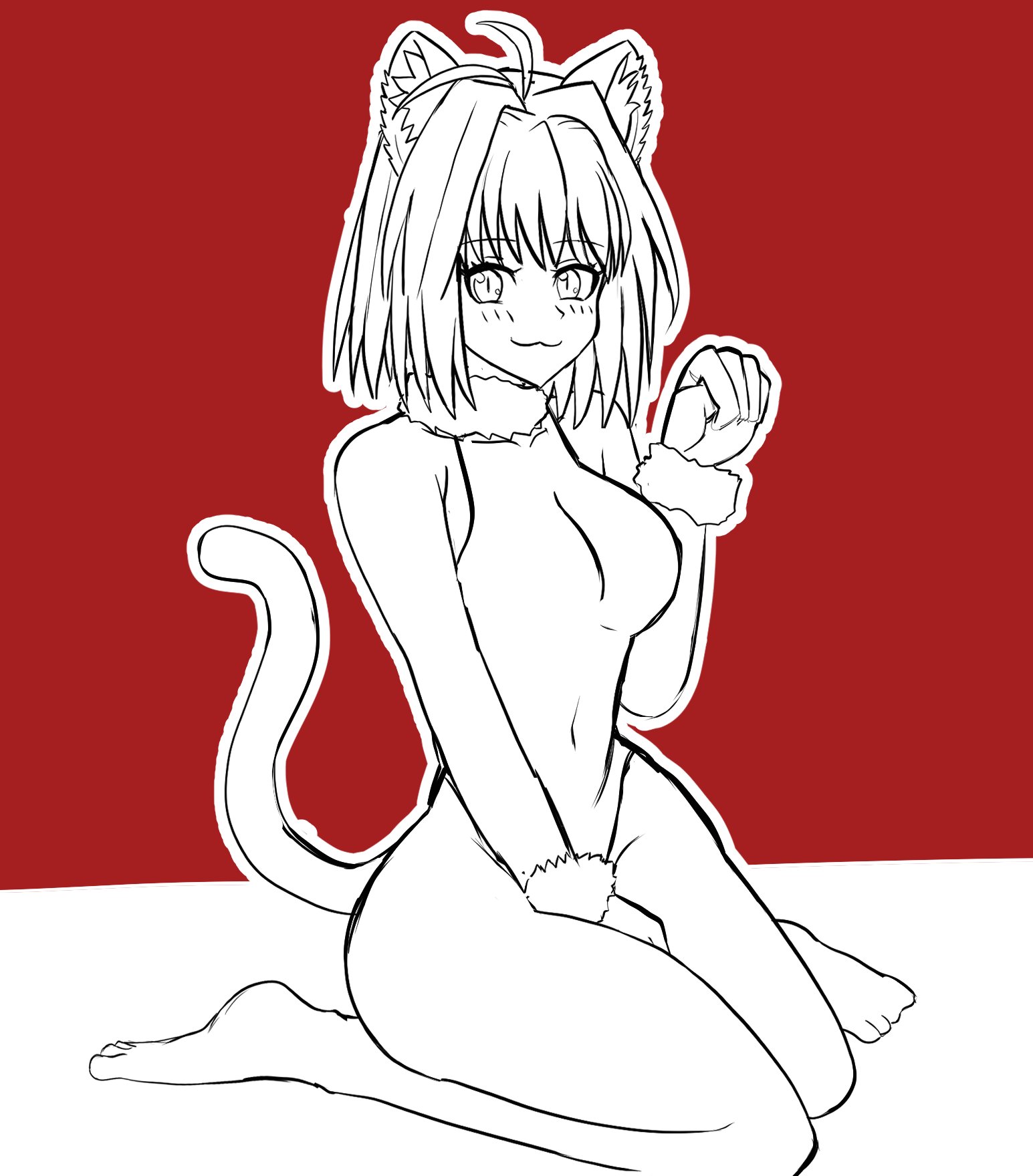 no 01r, arcueid brunestud, arcueid brunestud (monster cat), kagetsu tooya, tsukihime, highres, 1girl, :3, ahoge, animal ears, blush, bodysuit, breasts, cat ears, cat girl, cat tail, collar, fake animal ears, fake tail, hair between eyes, leotard, looking at viewer, monochrome, official alternate costume, pantyhose, paw pose, short hair, sitting, smile, tail, wariza, wrist cuffs