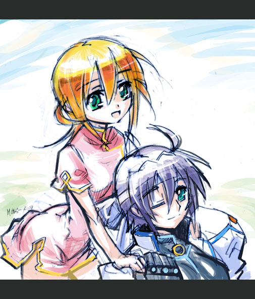 m ganzy, ixveria, subaru nakajima, lyrical nanoha, mahou shoujo lyrical nanoha, mahou shoujo lyrical nanoha strikers, mahou shoujo lyrical nanoha strikers sound stage x, 00s, 2girls, :d, ;), ahoge, androgynous, black gloves, blue sky, china dress, chinese clothes, closed mouth, cowboy shot, day, dress, gloves, green eyes, hair between eyes, hands on another's shoulders, letterboxed, looking at viewer, multiple girls, one eye closed, open mouth, pink dress, purple hair, short dress, short hair, short sleeves, side slit, signature, sky, smile, standing