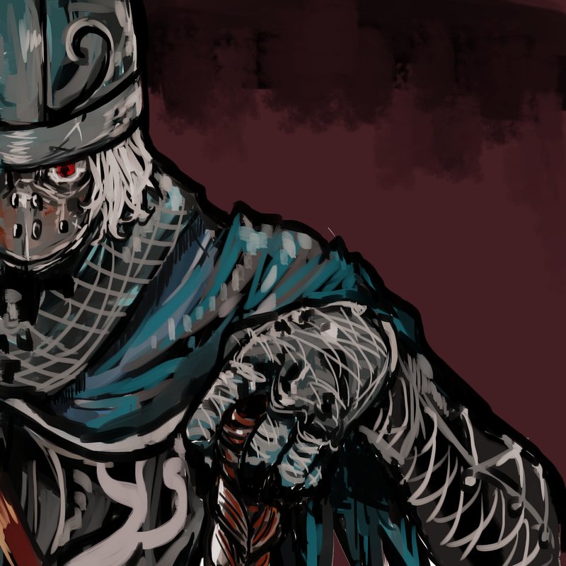 umeyama (toma23), creighton of mirrah, dark souls (series), dark souls ii, commentary request, 1boy, armor, blue cape, cape, chainmail, helmet, looking at viewer, male focus, mask, masked, red background, red eyes, short hair, solo, upper body, white hair