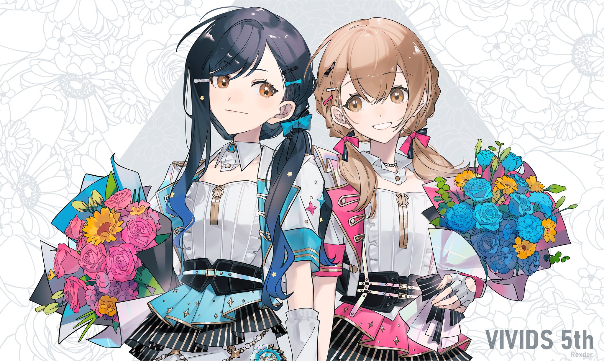 jingzhaowhale, azusawa kohane, shiraishi an, project sekai, commentary, highres, 2girls, blue flower, blue hair, blue rose, bouquet, brown eyes, brown hair, closed mouth, flower, hair between eyes, hair ornament, hairclip, holding, holding bouquet, jacket, long hair, low side ponytail, multiple girls, open mouth, pink flower, pink rose, rose, shirt, star (symbol), star hair ornament, sunflower, tulip, white jacket, white shirt, yellow flower, yellow tulip