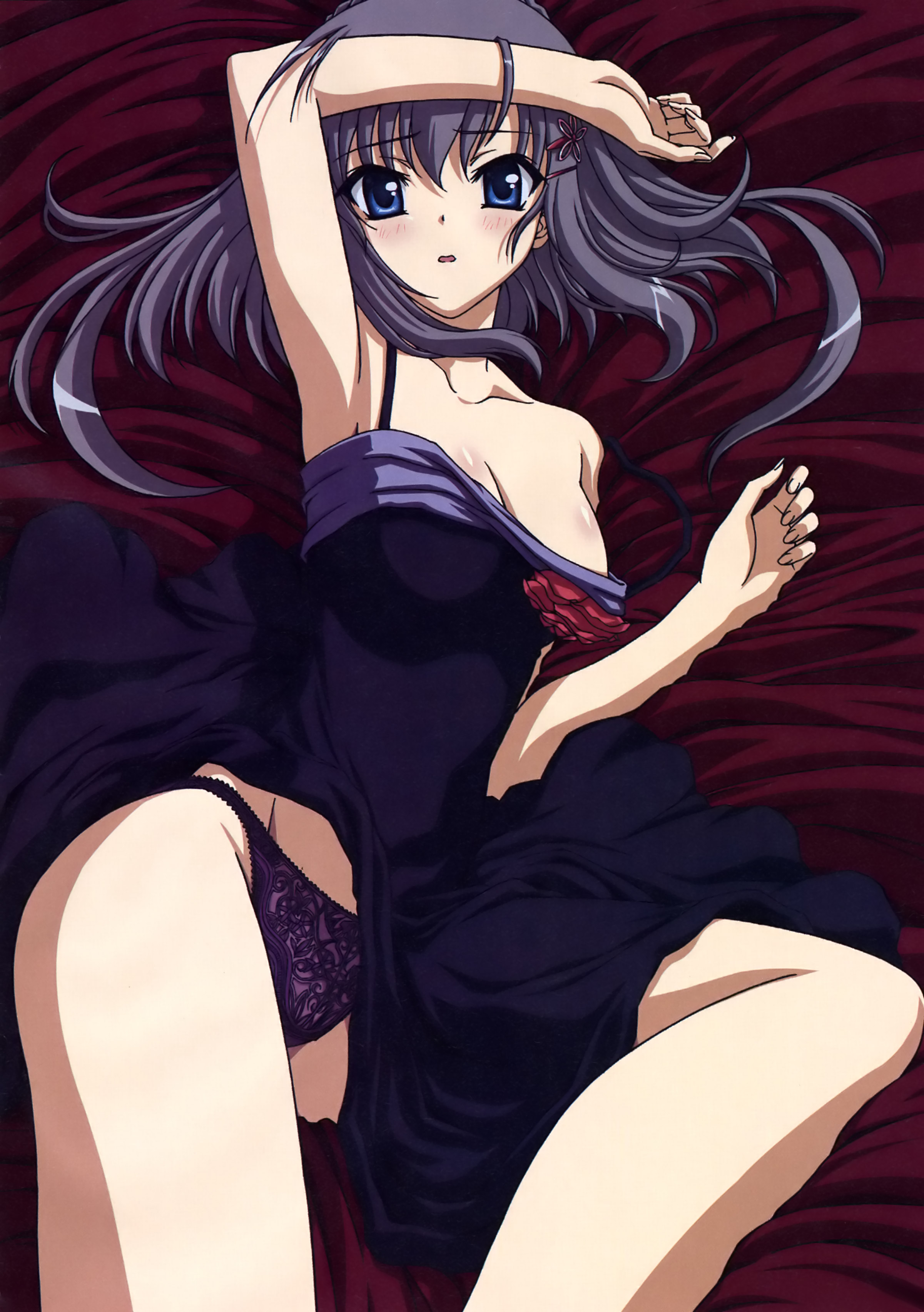 katagiri yuuhi, akane-iro ni somaru saka, silver hair, absurdres, highres, non-web source, 1girl, bed, blue eyes, blush, breasts, cleavage, dress, female focus, legs, panties, purple panties, solo, thighs, underwear