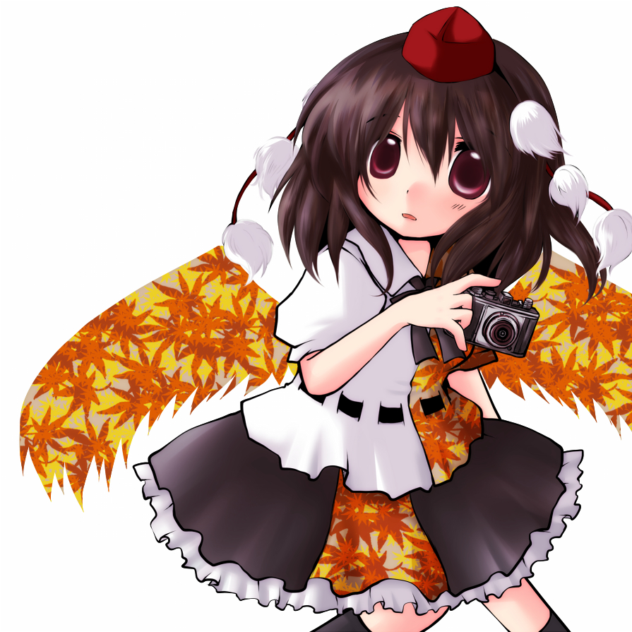 futami yayoi, shameimaru aya, touhou, 1girl, brown hair, camera, female focus, hat, leaf, plant, red eyes, skirt, socks, solo, thighhighs, white background, wings
