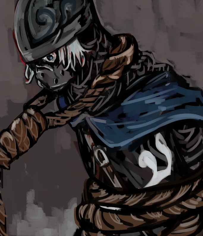 umeyama (toma23), creighton of mirrah, dark souls (series), dark souls ii, commentary request, 1boy, blue eyes, bound, grey background, grey tunic, helmet, male focus, mask, masked, noose, short hair, solo, tied up (nonsexual), tunic, upper body, white background