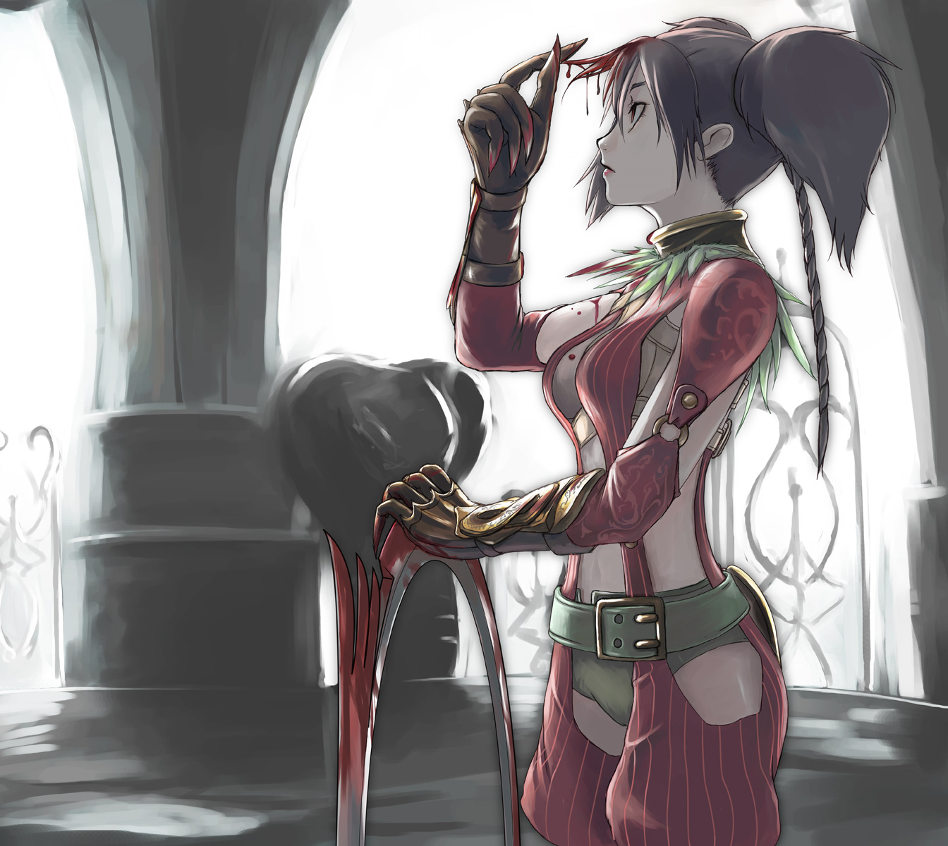tea (nakenashi), tira (soulcalibur), soul calibur, soulcalibur, soulcalibur iv, striped, bad id, bad pixiv id, highres, 1girl, armor, belt, black hair, blood, blood in hair, blood on clothes, bloody weapon, braid, breasts, brown hair, center opening, chakram, claws, cleavage, cleavage cutout, clothing cutout, cowboy shot, eiserne drossel (weapon), expressionless, feathers, female focus, from side, gloves, hair between eyes, hand up, holding, holding weapon, huge weapon, jewelry, large breasts, lipstick, long hair, looking up, makeup, midriff, navel, neck ring, no bra, o-ring, o-ring top, pinstripe pattern, planted, profile, ring blade, short shorts, short twintails, shorts, single braid, solo, standing, suspenders, twintails, twirling hair, vambraces, weapon