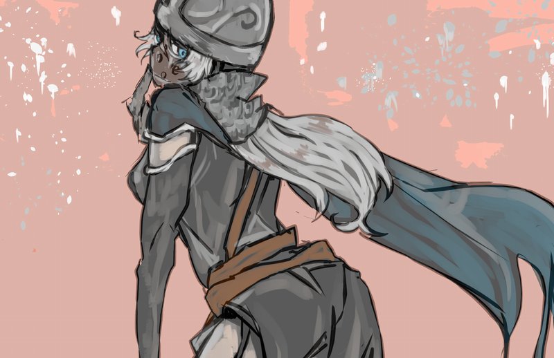 umeyama (toma23), creighton of mirrah, dark souls (series), dark souls ii, commentary request, 1girl, armor, blue cape, blue eyes, breasts, cape, chainmail, cowboy shot, from behind, genderswap, genderswap (mtf), gloves, grey gloves, grey hair, grey tunic, long hair, looking at viewer, mask, masked, medium breasts, pink background, solo, tunic
