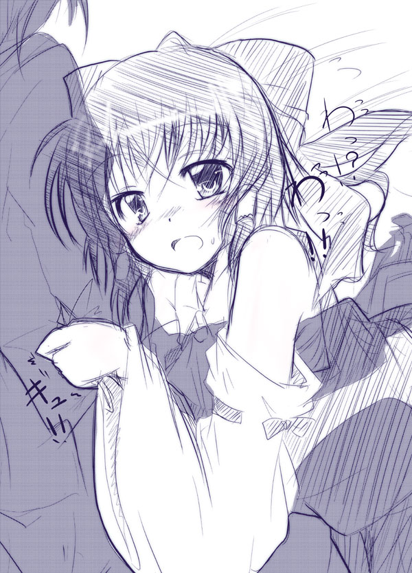 nanaume (shichimi tougarashi), hakurei reimu, touhou, 1girl, blush, bow, detached sleeves, female focus, hair bow, hair tubes, monochrome, purple theme, solo, spot color