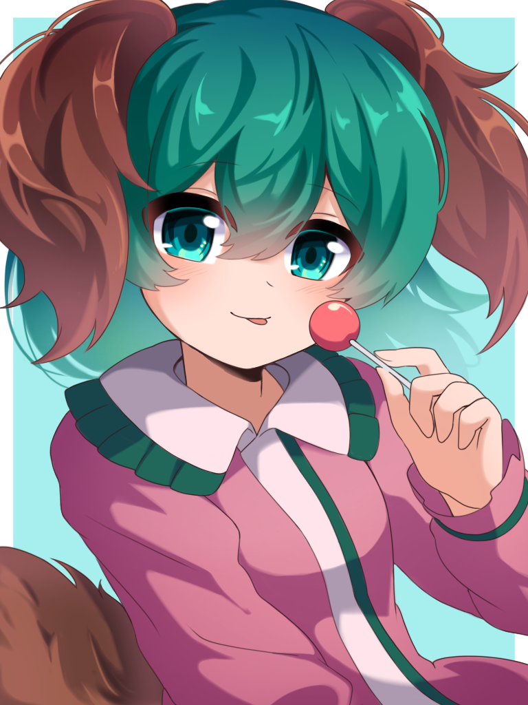 ochamaru0103, kasodani kyouko, touhou, :p, animal ears, blush, candy, collar, crossed bangs, dog ears, dog girl, dog tail, double-parted bangs, fingernails, food, frilled collar, frills, green background, green eyes, green hair, holding, holding candy, holding food, holding lollipop, lollipop, looking at viewer, pink shirt, shirt, short hair, simple background, sleeves past wrists, solo, tail, tongue, tongue out, upper body