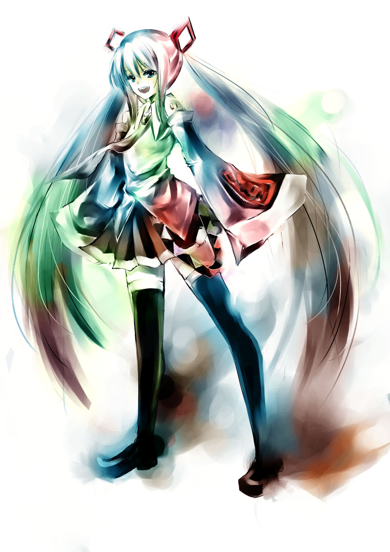 tomasu, hatsune miku, vocaloid, blue eyes, detached sleeves, long hair, necktie, skirt, thighhighs, twintails, zettai ryouiki