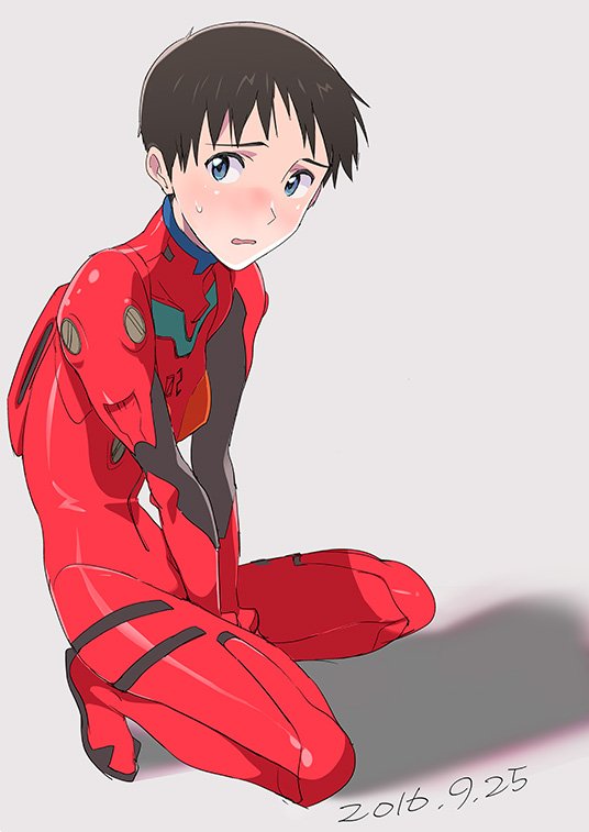 magari kouji, ikari shinji, souryuu asuka langley, neon genesis evangelion, 1boy, blue eyes, blush, brown hair, cosplay, crossdressing, crossdressing (mtf), dated, embarrassed, grey background, male focus, mecha pilot suit, plugsuit (evangelion), short hair, simple background, solo, souryuu asuka langley (cosplay), squatting, sweat