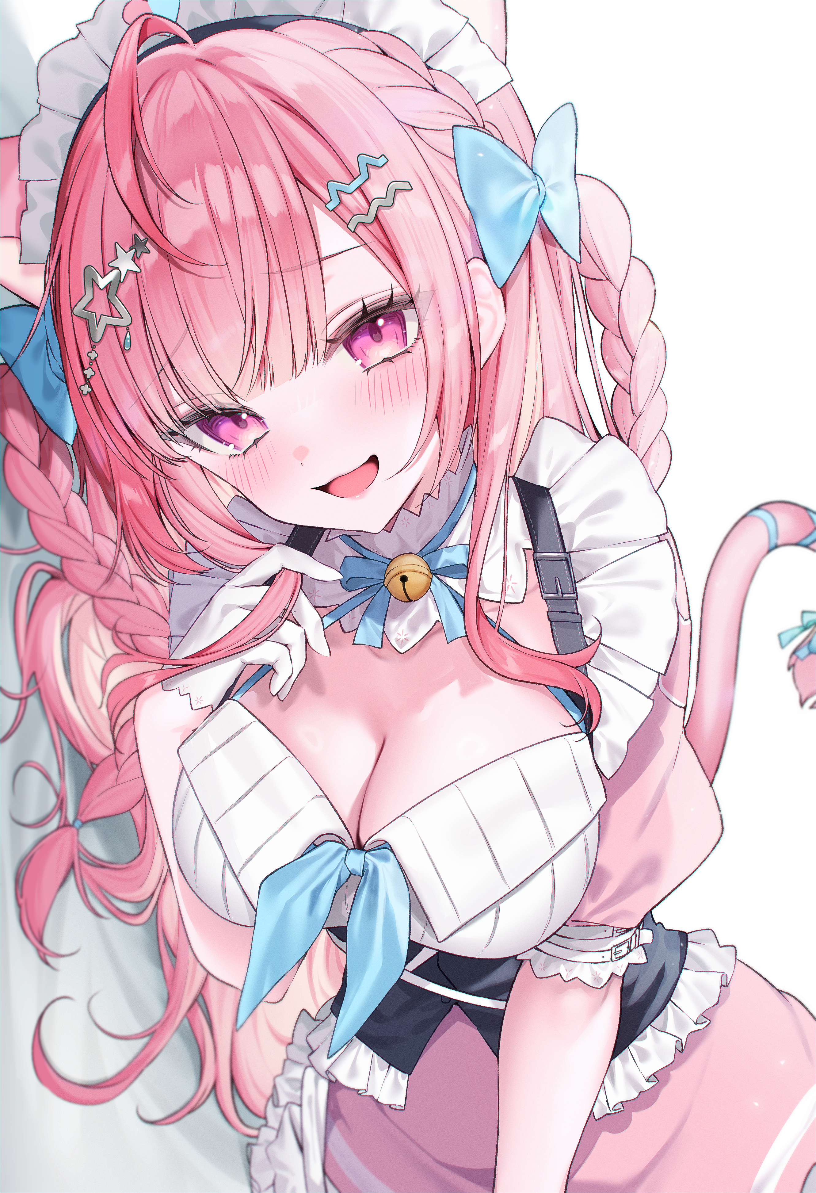 buta tamako, yuuki sakuna, indie virtual youtuber, absurdres, commentary, highres, 1girl, :3, :d, animal ear fluff, animal ears, antenna hair, aqua bow, bell, belt, bow, braid, breasts, cat ears, cat girl, cat tail, chest belt, cleavage, colored inner hair, dress, extra ears, gloves, hair ornament, half gloves, hands up, jingle bell, kneehighs, large breasts, long hair, looking at viewer, lying, maid headdress, multicolored hair, on side, open mouth, puffy sleeves, purple eyes, shoes, short sleeves, sidelocks, simple background, smile, socks, solo, star (symbol), star hair ornament, tail, tail bow, tail ornament, twin braids, virtual youtuber, white background, white gloves, yuuki sakuna (3rd costume)