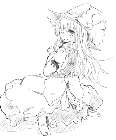 tes (unpre), kirisame marisa, touhou, lowres, 1girl, female focus, greyscale, hat, looking back, monochrome, no shoes, one eye closed, sitting, sketch, smile, solo, wariza, witch, witch hat