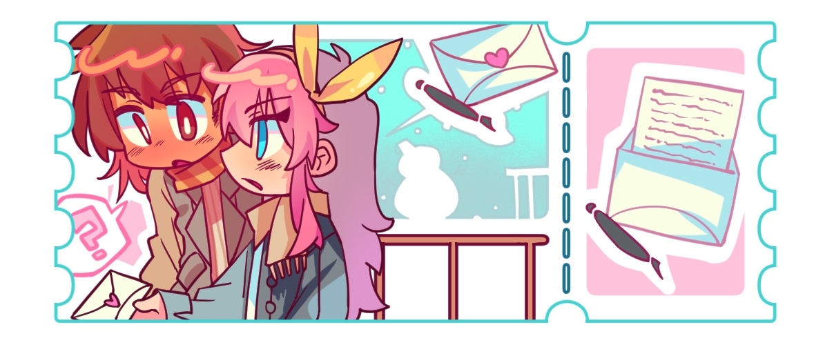 aubrey (faraway) (omori), aubrey (omori), kel (faraway) (omori), kel (omori), omori, 1boy, 1girl, ?, alternate costume, alternate eye color, blue coat, blue eyes, blush, brown coat, brown eyes, brown hair, brown scarf, chibi, chibi only, coat, dark-skinned male, dark skin, envelope, hairband, holding, holding envelope, huasuan69416, long hair, long sleeves, looking at another, open mouth, paper, pen, pink hair, scarf, short hair, speech bubble, spoken question mark, table, yellow hairband