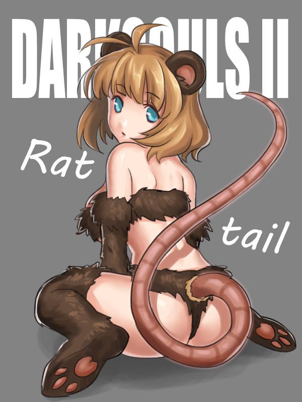 yuwei li, dark souls (series), dark souls ii, commentary, english commentary, 1girl, animal ears, animal hands, animal legs, antenna hair, ass, back, blonde hair, blue eyes, breasts, copyright name, from behind, full body, fur bikini, large breasts, looking at viewer, looking back, mouse ears, mouse girl, mouse tail, short hair, sitting, solo, tail, wariza