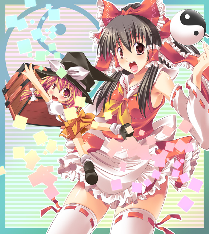 maki (seventh heaven maxion), hakurei reimu, kirisame marisa, touhou, bad id, bad pixiv id, 2girls, black hair, blonde hair, detached sleeves, female focus, hat, japanese clothes, long hair, miko, multiple girls, thighhighs, witch, witch hat, yin yang, zettai ryouiki