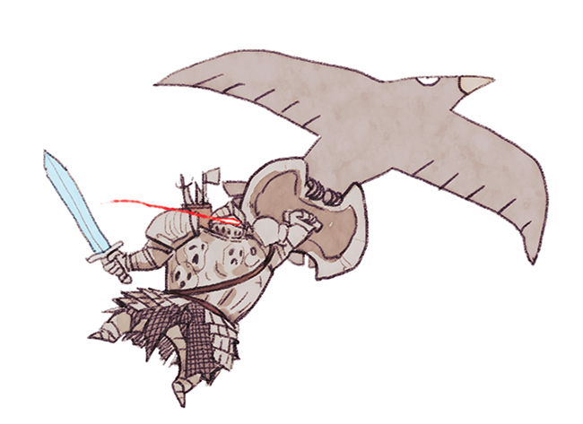 y (chos), the pursuer, dark souls (series), dark souls ii, commentary request, 1boy, armor, bird, breastplate, chibi, chibi only, eye trail, flying, full armor, full body, glowing, glowing eyes, holding, holding shield, holding sword, holding weapon, knight, light trail, looking at viewer, male focus, red eyes, shield, simple background, solo, sword, weapon, white background