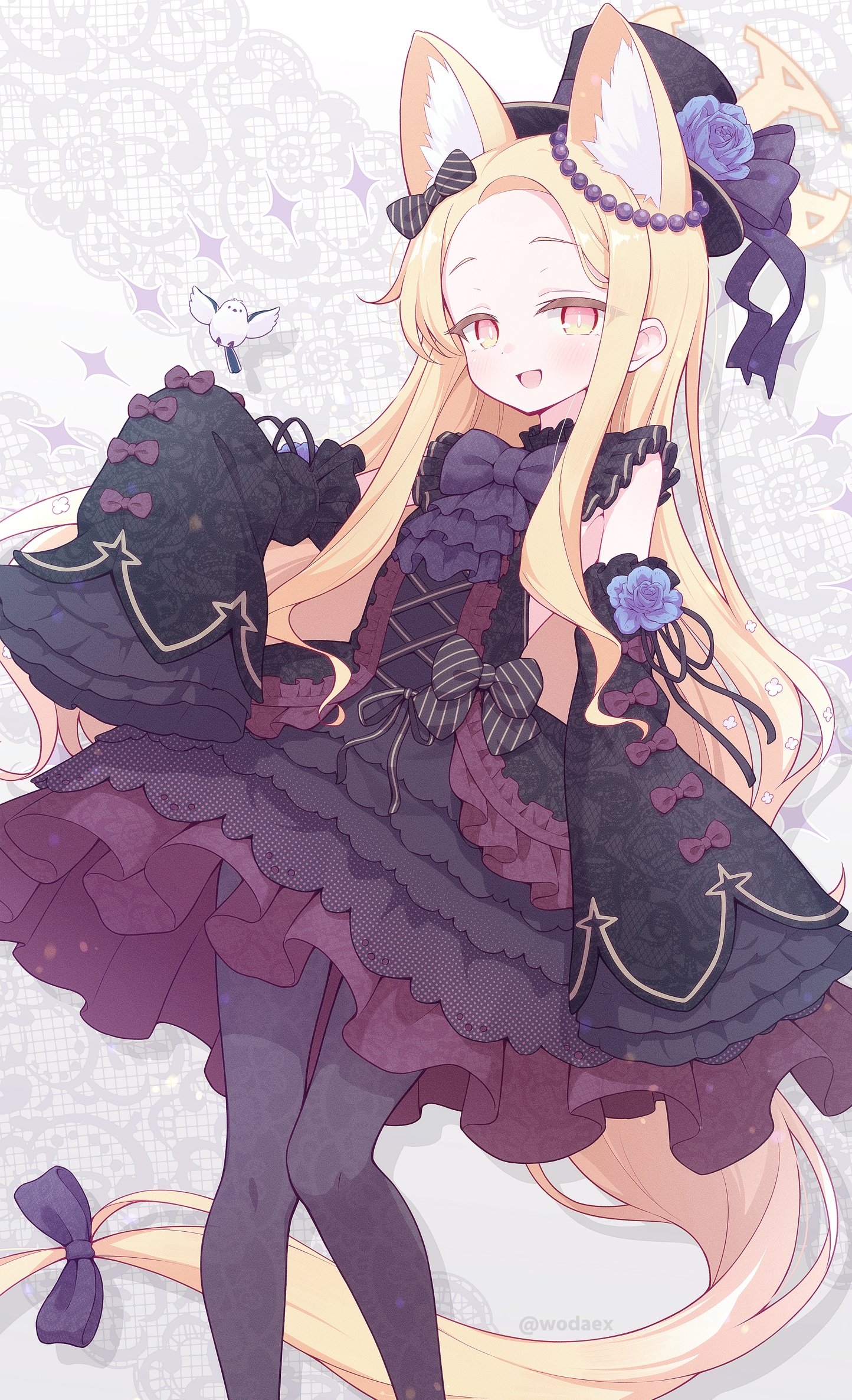 wodaex, seia (blue archive), blue archive, highres, 1girl, animal ear fluff, animal ears, bird, black dress, black pantyhose, blonde hair, bow, detached sleeves, dress, flower, gothic lolita, hair bow, halo, hat, hat flower, hat ribbon, lolita fashion, open mouth, pantyhose, petticoat, ribbon, top hat, yellow eyes