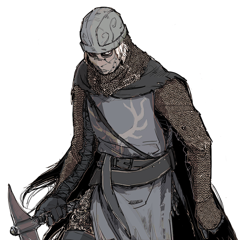 y (chos), creighton of mirrah, dark souls (series), dark souls ii, commentary request, 1boy, armor, axe, belt, black belt, chainmail, cowboy shot, grey tunic, helmet, holding, holding axe, looking at viewer, male focus, mask, masked, short hair, simple background, solo, tunic, white background, white hair