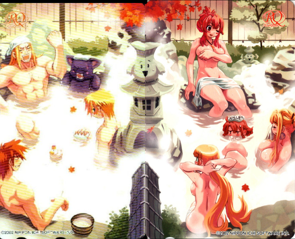 ryoji (nomura ryouji), cello (marl kingdom), cherie espoir, croix raoul, culotte, eringya (marl kingdom), homard, nyanko (marl kingdom), prier, princess kururu, yattanya, la pucelle, little princess, marl kingdom, nippon ichi, breast hold, official art, scan, scan artifacts, 3girls, 5boys, :d, ;d, abs, adjusting hair, against wall, ahoge, annoyed, armpits, arms behind head, arms up, ass, autumn, back, backboob, black cat, blonde hair, blunt bangs, blush, blush stickers, breast lift, breast press, breasts, brother and sister, bubble, bucket, cat, cleavage, clenched hand, closed eyes, company connection, cross, crossover, dated, earrings, embarrassed, fangs, flipped hair, from behind, grin, groin, hair between eyes, hair bun, hair up, huge breasts, jewelry, large breasts, leaf, long hair, looking at viewer, mature female, mixed-sex bathing, multiple boys, multiple girls, muscular, mushroom, navel, necklace, nude, one eye closed, onsen, open mouth, partially submerged, phonecard, raised fist, reclining, red eyes, red hair, rock, rubber duck, see-through clothes, shared bathing, short hair, siblings, sidelocks, single hair bun, sitting, smile, soaking feet, spiked hair, statue, steam, sweatdrop, thick thighs, thighs, towel, towel on head, tree, twintails, unaligned breasts, very long hair, water, watermark, wet, wink, wooden bucket