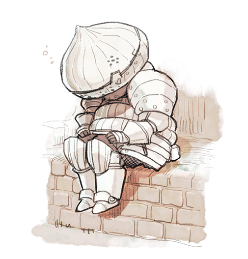 y (chos), siegmeyer of catarina, dark souls (series), dark souls i, commentary request, 1boy, armor, armored boots, boots, breastplate, full armor, full body, helm, helmet, knight, looking down, male focus, pauldrons, shoulder armor, sitting, solo, squeans