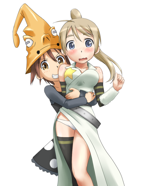 oedipa, pusai haro haro, eruka frog, fukuen misato, lynette bishop, miyafuji yoshika, nakatsukasa tsubaki, nazuka kaori, soul eater, strike witches, world witches series, 2girls, asymmetrical clothes, cosplay, eruka frog (cosplay), halloween, hat, hug, multiple girls, nakatsukasa tsubaki (cosplay), single thighhigh, thighhighs, voice actor connection