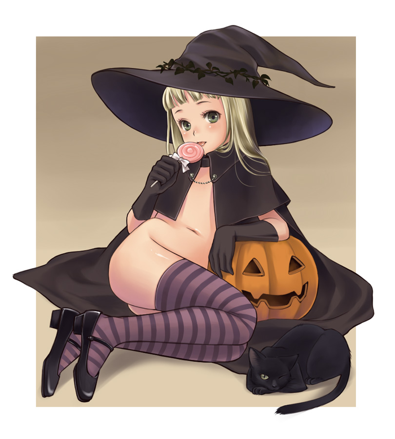 luna2, 1girl, blonde hair, bottomless, candy, cape, cat, female focus, food, gloves, green eyes, halloween, hat, jack-o'-lantern, licking, loli, lollipop, long hair, naked cape, pumpkin, solo, striped clothes, striped thighhighs, swirl lollipop, thighhighs, witch hat