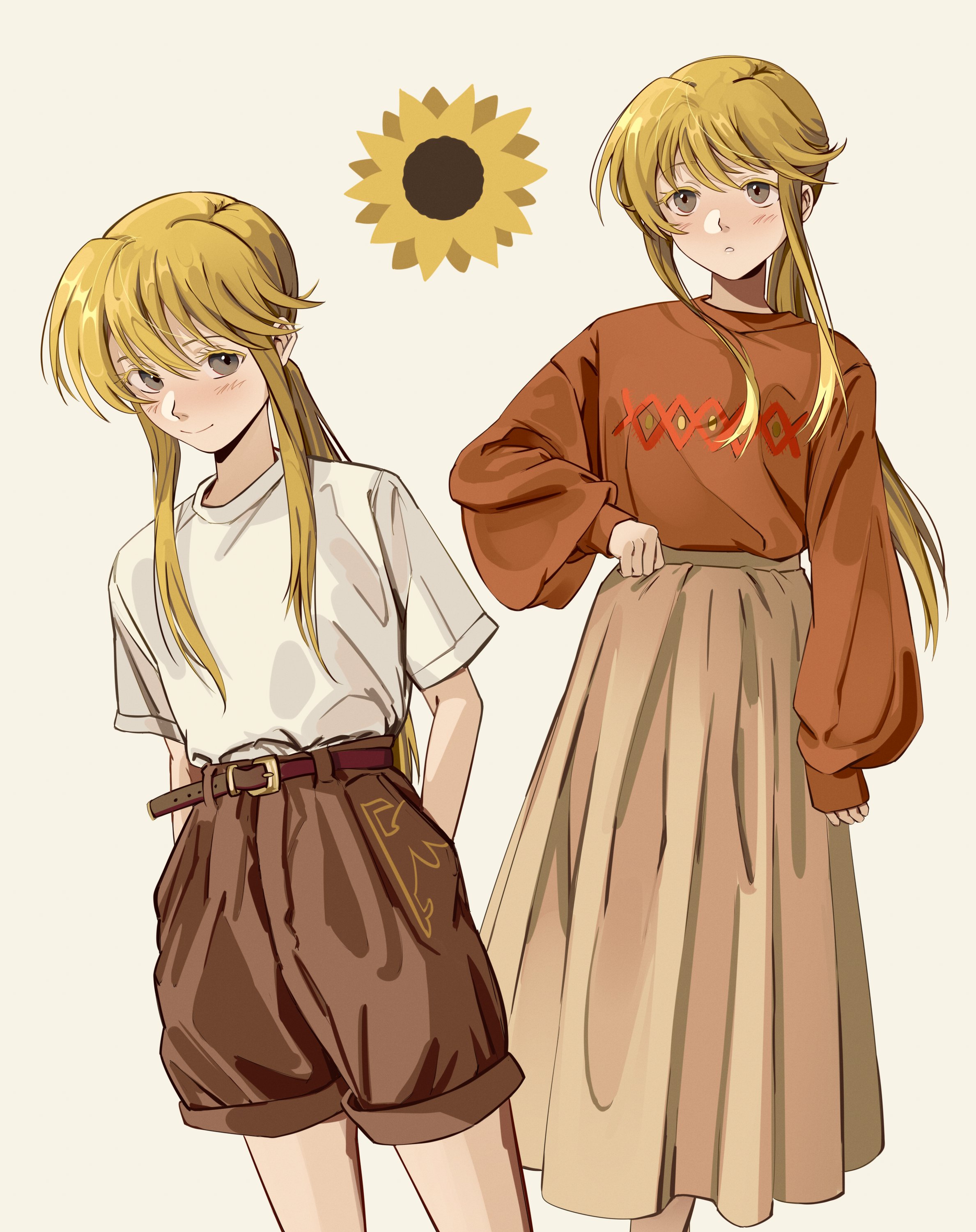 uneasywolf, ushiromiya lion, umineko no naku koro ni, absurdres, highres, 1other, alternate costume, androgynous, belt, blonde hair, blush, brown shirt, brown shorts, dual persona, flower, long hair, ponytail, shirt, shorts, simple background, skirt, smile, sunflower, white shirt, yellow eyes