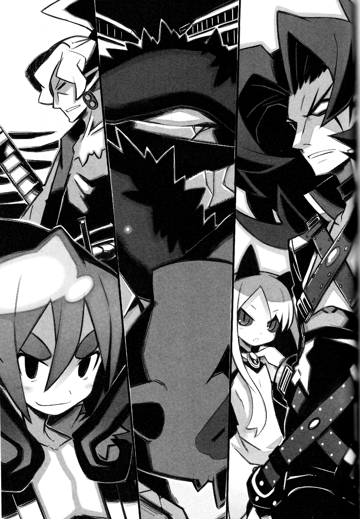 alexander (makai kingdom), alexander (phantom kingdom), babylon (makai kingdom), babylon (phantom kingdom), pram (phantom kingdom), seedle, seedle (phantom kingdom), zetta (phantom kingdom), disgaea, nippon ichi, phantom kingdom, highres, 1girl, 3boys, closed mouth, dress, expressionless, greyscale, hair between eyes, long hair, looking at viewer, makai kingdon, monochrome, multiple boys, upper body, very long hair