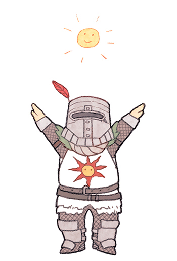 y (chos), solaire of astora, dark souls (series), dark souls i, commentary request, 1boy, armor, arms up, chainmail, chibi, chibi only, full body, helm, helmet, male focus, plume, praise the sun, simple background, solo, standing, sun, sun print, tunic, white background, white tunic