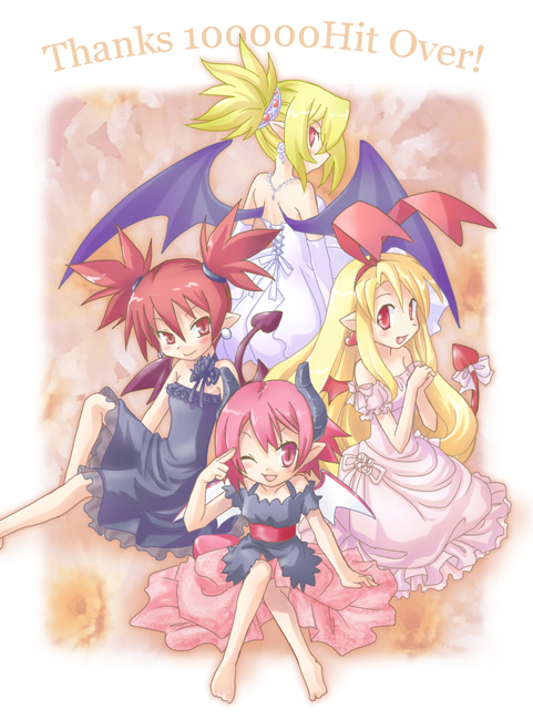 etna (disgaea), flonne, flonne (fallen angel), karina, raspberyl, rozalin, disgaea, makai senki disgaea 2, makai senki disgaea 3, nippon ichi, md5 mismatch, 4girls, barefoot, bat wings, blonde hair, blush, dress, long hair, milestone celebration, multiple girls, one eye closed, pink eyes, pink hair, pointy ears, red eyes, red hair, short hair, tail, twintails, wings, wink