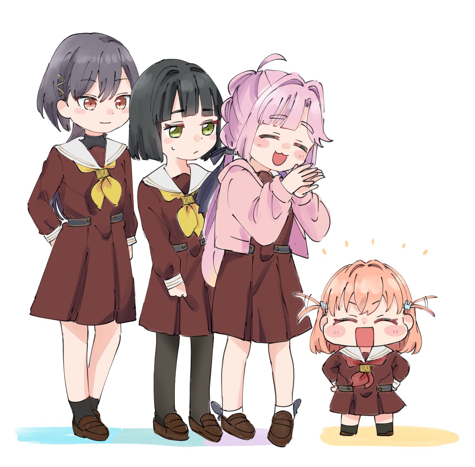 moso (expect66), anyoji hime, hinoshita kaho, katsuragi izumi, momose ginko, link! like! love live!, love live!, commentary, hashtag-only commentary, highres, 4girls, :3, :d, ahoge, black bow, black hair, black pantyhose, black ribbon, black socks, blonde hair, blunt bangs, blunt ends, blunt sidelocks, blush stickers, bob cut, bow, bow legwear, brown dress, chibi, closed mouth, dress, expressive hair, gradient hair, hair intakes, hair ornament, hair ribbon, hands on own hips, hasu no sora school uniform, hood, hooded jacket, jacket, jellyfish cut, long hair, long sleeves, looking at another, medium dress, medium hair, multi-tied hair, multicolored hair, multiple girls, neckerchief, open clothes, open jacket, open mouth, orange eyes, orange hair, own hands together, pantyhose, pink hair, pink jacket, pleated dress, ponytail, rabbit hair ornament, red neckerchief, ribbon, sailor collar, sailor dress, school uniform, short hair, sidelocks, smile, socks, split mouth, sweatdrop, triangle hair ornament, two side up, unamused, virtual youtuber, white sailor collar, white socks, winter uniform, yellow neckerchief