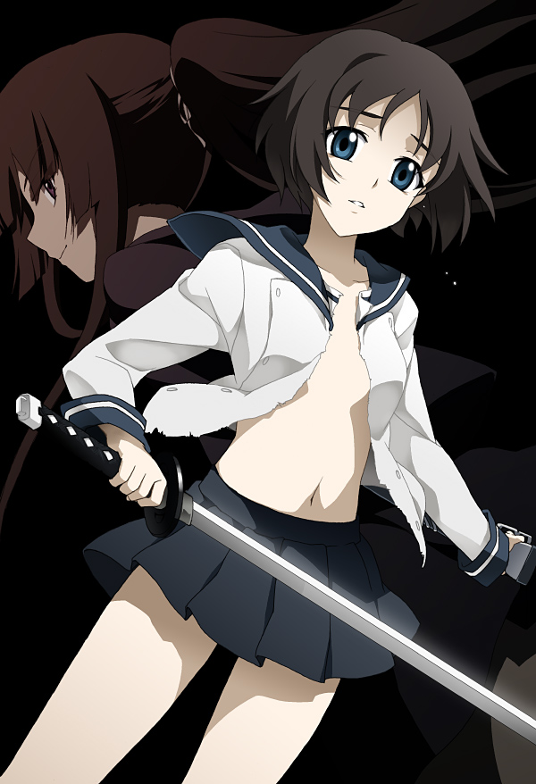 saipaco, isayama yomi, tsuchimiya kagura, ga-rei, ga-rei zero, 00s, 2girls, black background, blue eyes, brown hair, katana, long hair, looking at viewer, looking back, multiple girls, navel, no bra, open clothes, open shirt, parted lips, pleated skirt, ponytail, school uniform, serafuku, shirt, short hair, skirt, sword, torn clothes, weapon