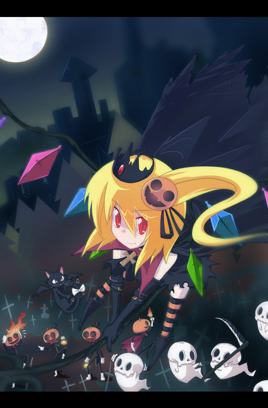 auer, flandre scarlet, touhou, bad id, bad pixiv id, highres, 1girl, belt, blonde hair, cat, cross, crown, fang, female focus, ghost, one side up, pumpkin, red eyes, ribbon, scythe, side ponytail, solo, striped clothes, striped thighhighs, tail, tail ornament, tail ribbon, thighhighs, wings