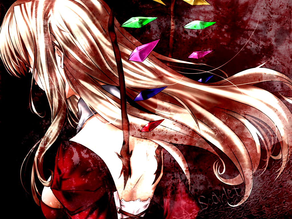 sooma, sooma (phantom), flandre scarlet, touhou, looking away, third-party edit, 1girl, aged up, alternate breast size (larger), back, blonde hair, breasts, character name, crystal, detached collar, dress, eyelashes, female focus, gradient background, long hair, red background, solo, upper body, wings