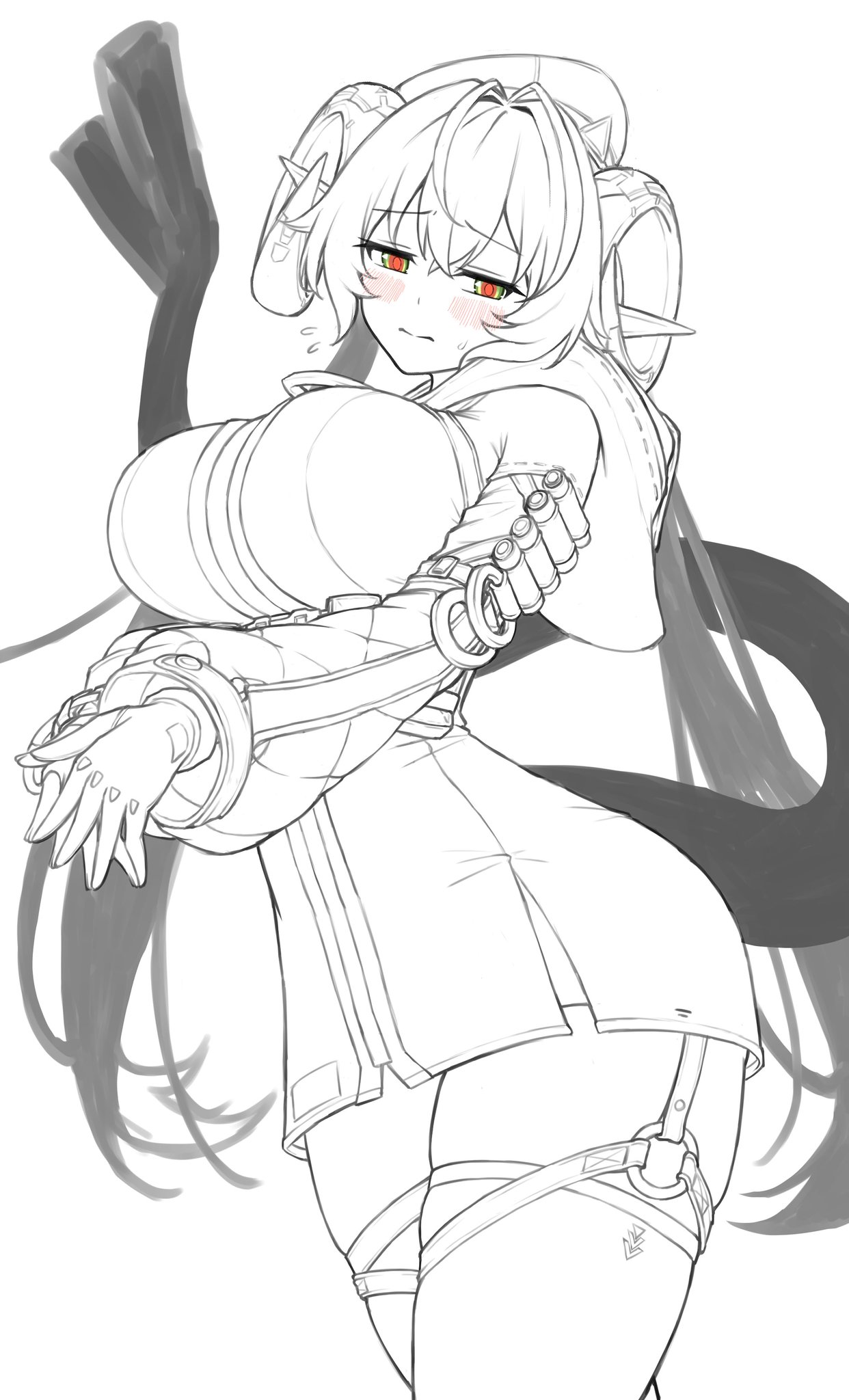 taro (peach taro51), orphie magnusson, zenless zone zero, commentary, cropped, highres, 1girl, beret, blush, breasts, curvy, dragon girl, dragon horns, embarrassed, fingerless gloves, gloves, green eyes, hat, hood, hood down, hooded jacket, hoodie, horns, huge breasts, jacket, long hair, pointy ears, simple background, sketch, tail, thick thighs, thighhighs, thighs, twintails, very long hair, white background