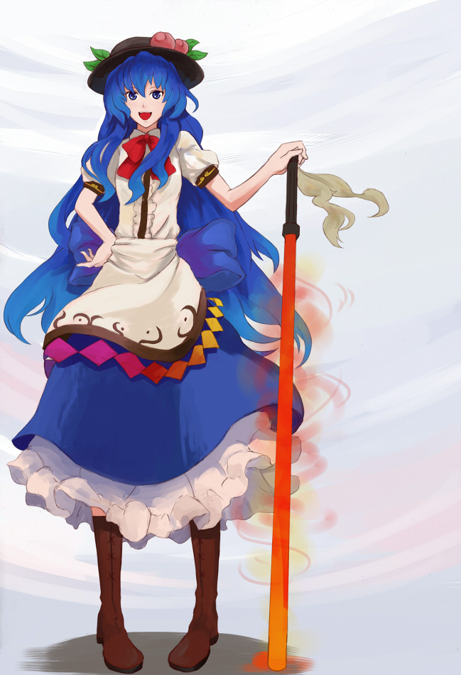 shibasaki shouji, hinanawi tenshi, touhou, bad id, bad pixiv id, 1girl, blue hair, boots, bow, female focus, food, fruit, hand on hilt, hand on own hip, hat, long hair, open mouth, peach, pigeon-toed, red eyes, ribbon, solo, sword, sword of hisou, weapon