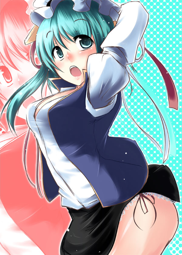 akira aoi, kusaka eiki, shiki eiki, touhou, bad id, bad pixiv id, 1girl, arms up, breasts, female focus, green eyes, green hair, hat, matching hair/eyes, skirt, solo