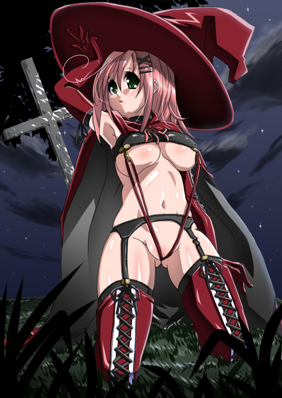 satsuki imonet, 1girl, ahoge, breasts, cross, elbow gloves, female focus, gloves, green eyes, hair ornament, hairclip, hat, kneeling, night, night sky, no panties, pink hair, sky, solo, star (sky), star (symbol), starry sky, thighhighs, uncensored, underboob, witch hat