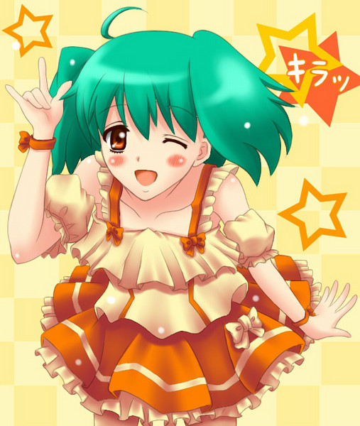 rise, ranka lee, macross, macross frontier, star, resized, m/, blush, dress, frills, green hair, pixiv thumbnail, red eyes, seikan hikou, short hair, skirt, smile, twintails, wink