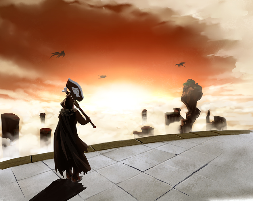 bearer of the curse, dark souls (series), dark souls ii, commentary request, 1girl, axe, black cape, cape, cloud, dragon, from behind, full body, fur collar, holding, holding axe, in-universe location, orange sky, outdoors, pillar, rolling nekoyanagi, scenery, shadow, sky, solo, standing, sun, sunset